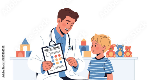Doctor showing health tips to a child using a simple educational chart. Ideal for hygiene learning visuals, pediatric health campaigns, and school wellness materials