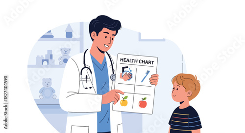 Doctor showing health tips to a child using a simple educational chart. Ideal for hygiene learning visuals, pediatric health campaigns, and school wellness materials