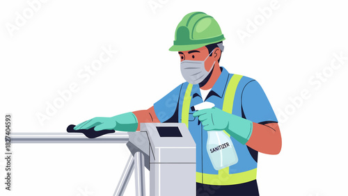 A person wearing a mask and gloves sanitizes a turnstile with a spray bottle.