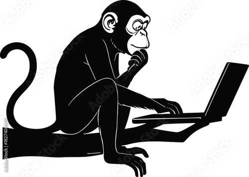 Anthropomorphic monkey sitting on tree branch using laptop, thoughtful animal character illustration, humorous technology concept, symbolic curiosity intelligence nature and modern design