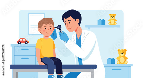 Doctor examining a child’s ear using an otoscope during a clinic checkup. Ideal for pediatric health illustrations, medical education, and wellness materials
