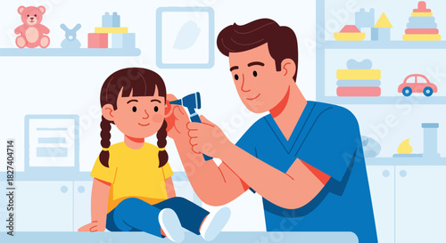 Doctor examining a child’s ear using an otoscope during a clinic checkup. Ideal for pediatric health illustrations, medical education, and wellness materials