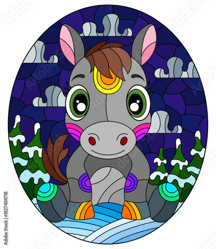 An illustration in the style of a stained glass window with a cute horse on the background of a winter landscape