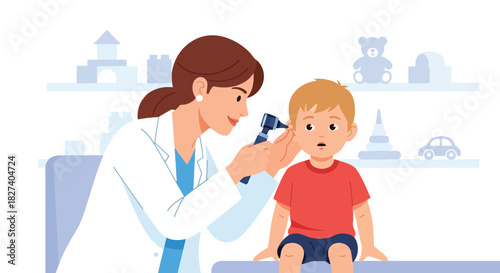 Doctor examining a child’s ear using an otoscope during a clinic checkup. Ideal for pediatric health illustrations, medical education, and wellness materials