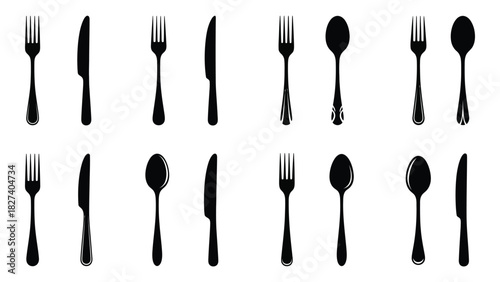 Dining cutlery silhouettes collection isolated on white background, Vector