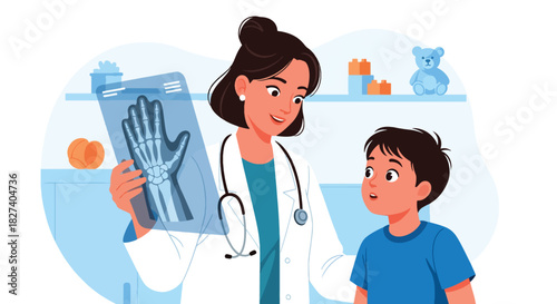 Doctor reviewing an X-ray image with a curious child in a friendly clinic environment. Ideal for health education, pediatric care visuals, and medical illustrations