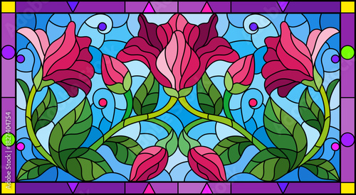 llustration in stained glass style with flowers, leaves and buds of pink lilies on a blue background