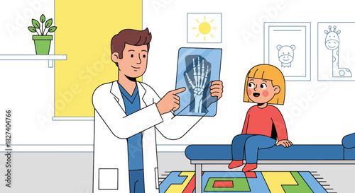 Doctor reviewing an X-ray image with a curious child in a friendly clinic environment. Ideal for health education, pediatric care visuals, and medical illustrations