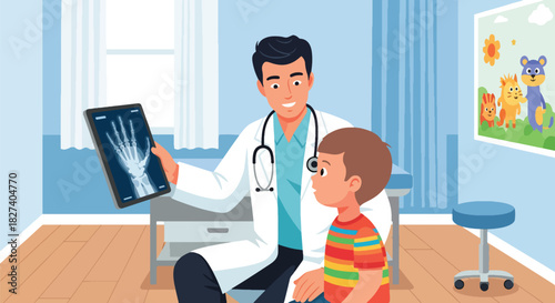 Doctor reviewing an X-ray image with a curious child in a friendly clinic environment. Ideal for health education, pediatric care visuals, and medical illustrations