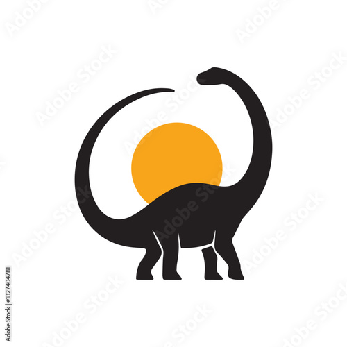 Long-Neck Dinosaur Silhouette with Sun – Stylized Brachiosaurus Vector in Minimalist Sunset Composition