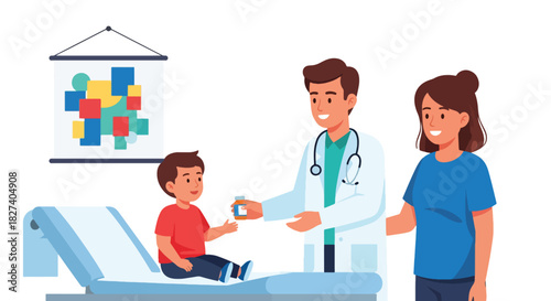 Pediatrician providing medicine instructions to child and parent. Ideal for caregiver education, pediatric clinic visuals, and safe medication designs