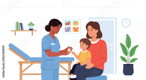Pediatrician providing medicine instructions to child and parent. Ideal for caregiver education, pediatric clinic visuals, and safe medication designs
