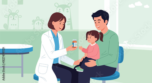 Pediatrician providing medicine instructions to child and parent. Ideal for caregiver education, pediatric clinic visuals, and safe medication designs