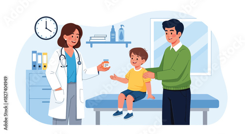 Pediatrician providing medicine instructions to child and parent. Ideal for caregiver education, pediatric clinic visuals, and safe medication designs