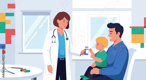 Pediatrician providing medicine instructions to child and parent. Ideal for caregiver education, pediatric clinic visuals, and safe medication designs