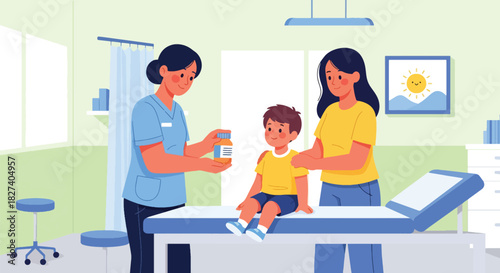 Pediatrician providing medicine instructions to child and parent. Ideal for caregiver education, pediatric clinic visuals, and safe medication designs