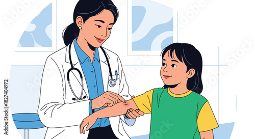 Pediatrician examining a child’s arm injury with care. Ideal for first-aid visuals, emergency clinic illustrations, and pediatric health education content