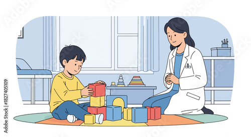 Child playing with toys in clinic waiting area as doctor approaches. Ideal for pediatric waiting room visuals, childcare themes, and friendly medical illustrations