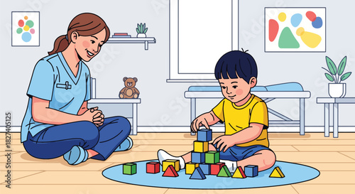 Child playing with toys in clinic waiting area as doctor approaches. Ideal for pediatric waiting room visuals, childcare themes, and friendly medical illustrations