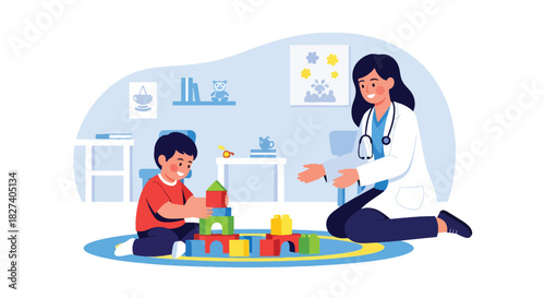 Child playing with toys in clinic waiting area as doctor approaches. Ideal for pediatric waiting room visuals, childcare themes, and friendly medical illustrations