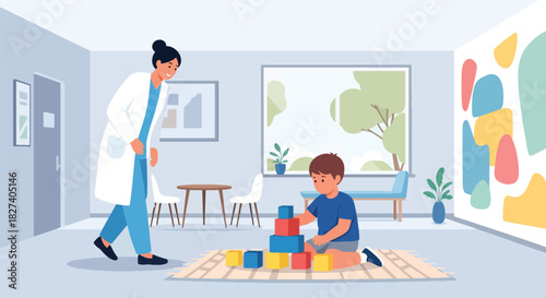 Child playing with toys in clinic waiting area as doctor approaches. Ideal for pediatric waiting room visuals, childcare themes, and friendly medical illustrations