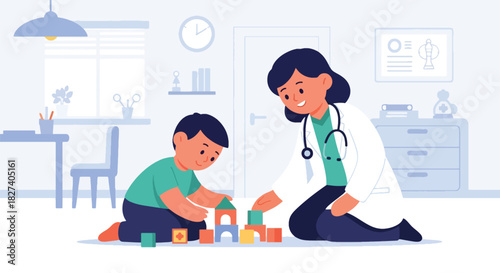 Child playing with toys in clinic waiting area as doctor approaches. Ideal for pediatric waiting room visuals, childcare themes, and friendly medical illustrations