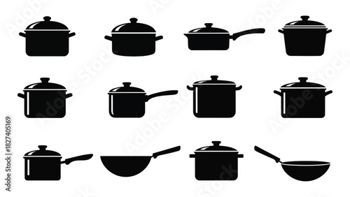 Cooking pots and pans silhouettes icon set isolated on white background, Vector