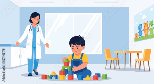 Child playing with toys in clinic waiting area as doctor approaches. Ideal for pediatric waiting room visuals, childcare themes, and friendly medical illustrations