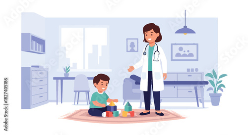 Child playing with toys in clinic waiting area as doctor approaches. Ideal for pediatric waiting room visuals, childcare themes, and friendly medical illustrations