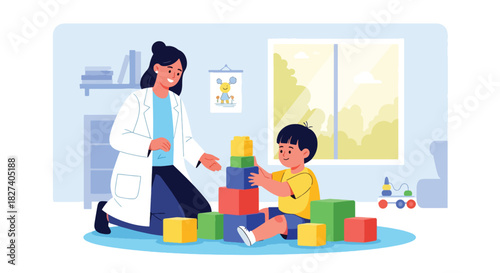 Child playing with toys in clinic waiting area as doctor approaches. Ideal for pediatric waiting room visuals, childcare themes, and friendly medical illustrations