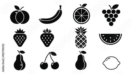 Fruit silhouettes icon set isolated on white background, Vector