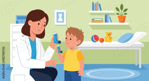 Doctor guiding child on proper inhaler use with lung diagrams. Ideal for asthma education, pediatric care guides, and medical instruction illustrations