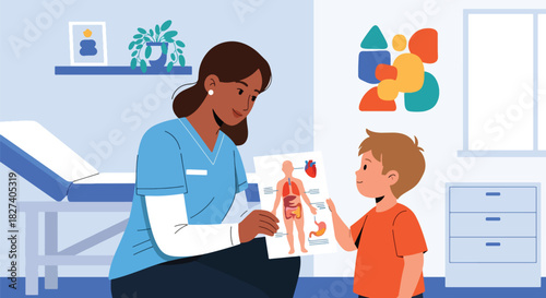 Doctor showing child a simple anatomy chart of body organs. Ideal for health education materials, pediatric learning content, and medical teaching visuals