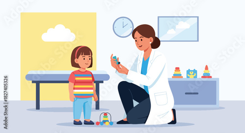 Doctor guiding child on proper inhaler use with lung diagrams. Ideal for asthma education, pediatric care guides, and medical instruction illustrations