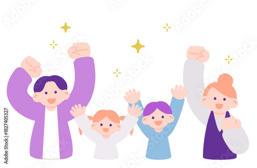 家族で喜びを分かち合うガッツポーズ・万歳のイラストセット