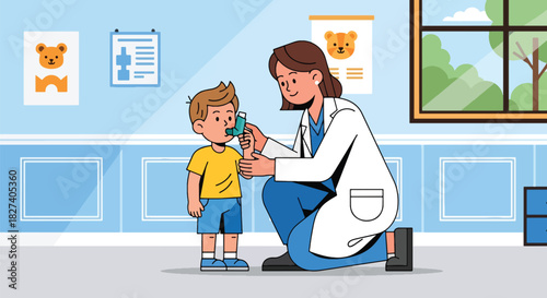 Doctor guiding child on proper inhaler use with lung diagrams. Ideal for asthma education, pediatric care guides, and medical instruction illustrations