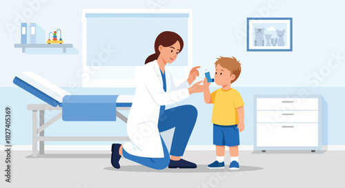 Doctor guiding child on proper inhaler use with lung diagrams. Ideal for asthma education, pediatric care guides, and medical instruction illustrations