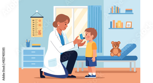 Doctor guiding child on proper inhaler use with lung diagrams. Ideal for asthma education, pediatric care guides, and medical instruction illustrations