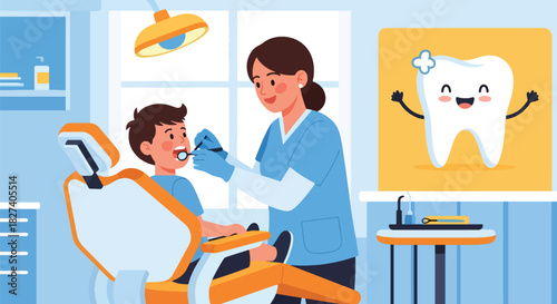Dentist examining a child’s teeth with mirror tool in a bright pediatric clinic. Ideal for dental health education, kids’ dentist themes, and oral care illustrations