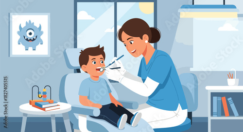 Dentist examining a child’s teeth with mirror tool in a bright pediatric clinic. Ideal for dental health education, kids’ dentist themes, and oral care illustrations