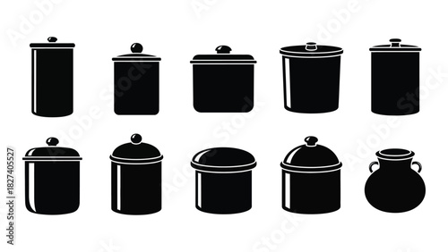 Kitchen jars and pots silhouettes set isolated on white background, Vector