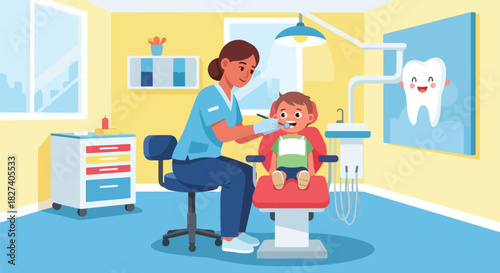 Dentist examining a child’s teeth with mirror tool in a bright pediatric clinic. Ideal for dental health education, kids’ dentist themes, and oral care illustrations