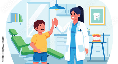 Doctor and child sharing a cheerful high-five after a completed checkup. Ideal for positive healthcare themes, pediatric clinic branding, and supportive medical visuals