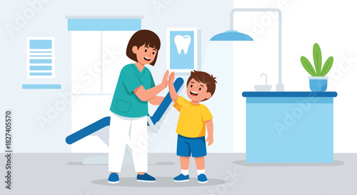 Doctor and child sharing a cheerful high-five after a completed checkup. Ideal for positive healthcare themes, pediatric clinic branding, and supportive medical visuals