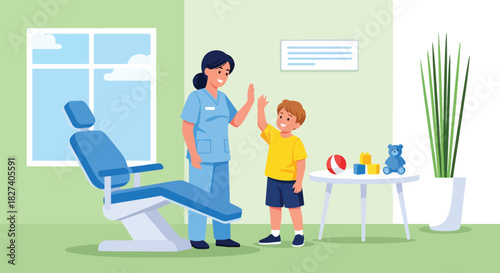 Doctor and child sharing a cheerful high-five after a completed checkup. Ideal for positive healthcare themes, pediatric clinic branding, and supportive medical visuals
