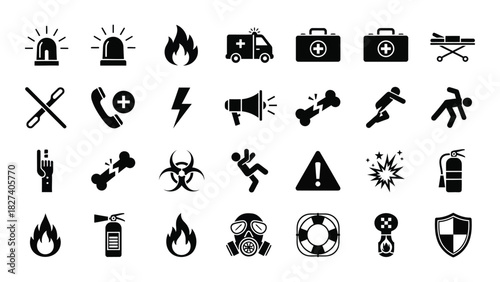 Emergency and safety icons set isolated on white background, Vector