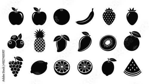 Diverse fruit silhouettes collection isolated on white background, Vector