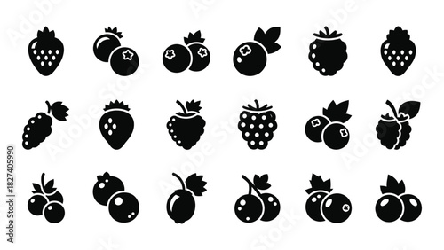 Various berry and fruit silhouette icons isolated on white background, Vector