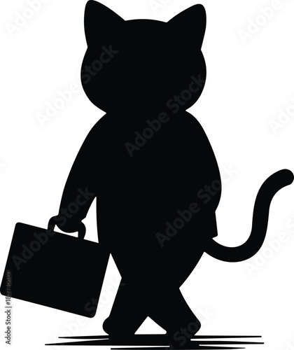 Anthropomorphic business cat silhouette standing upright with briefcase, professional feline character in suit, corporate animal mascot illustration, whimsical office concept design
