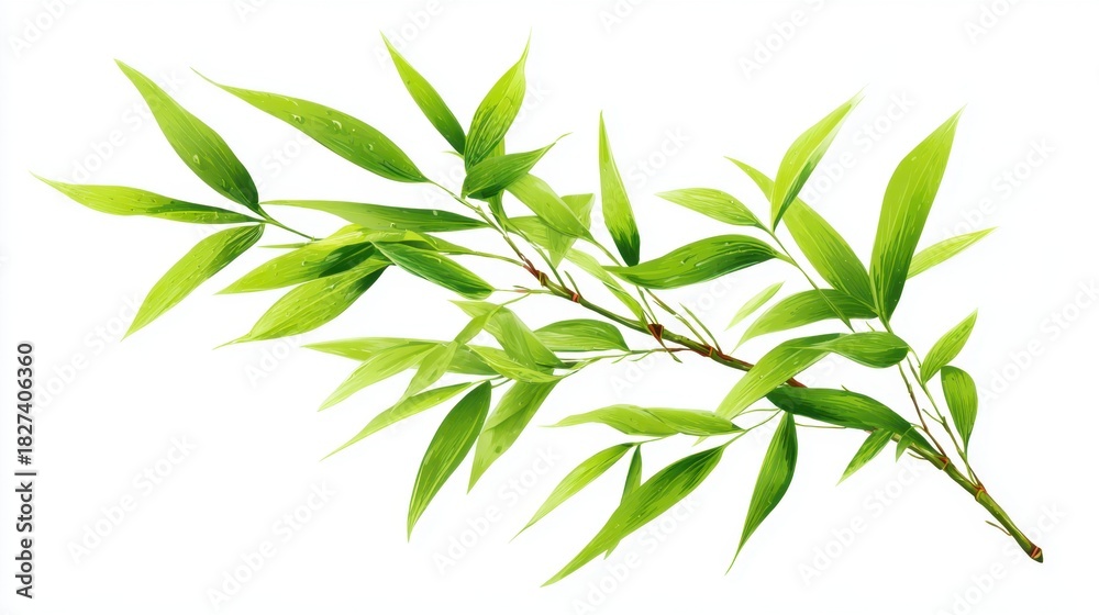 Fototapeta premium A branch of vibrant green bamboo leaves is displayed against a white background emphasizing the lushness and vitality of nature. The leaves appear fresh and healthy showcasing their elongated shape.